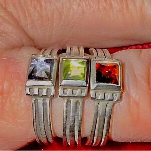 Vintage L. Jenks Silver Stack Rings with Center Gems - Sizes 5.5